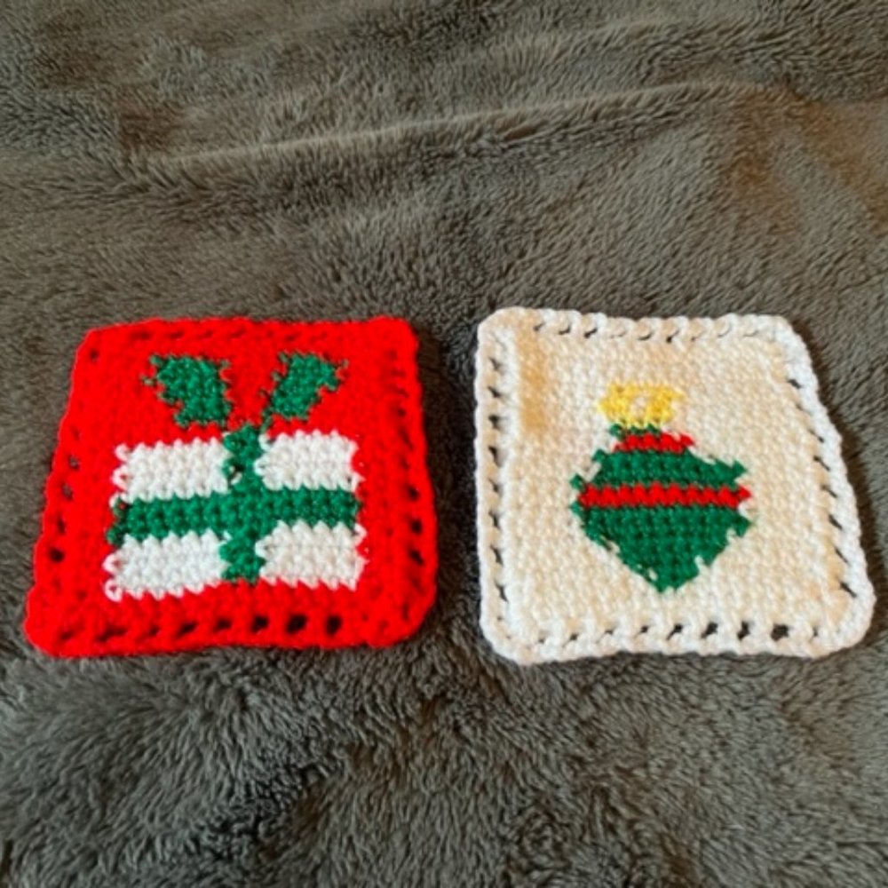 Handmade Crocheted Christmas Coasters Set of 2 Gift & Ornament Holiday Decor